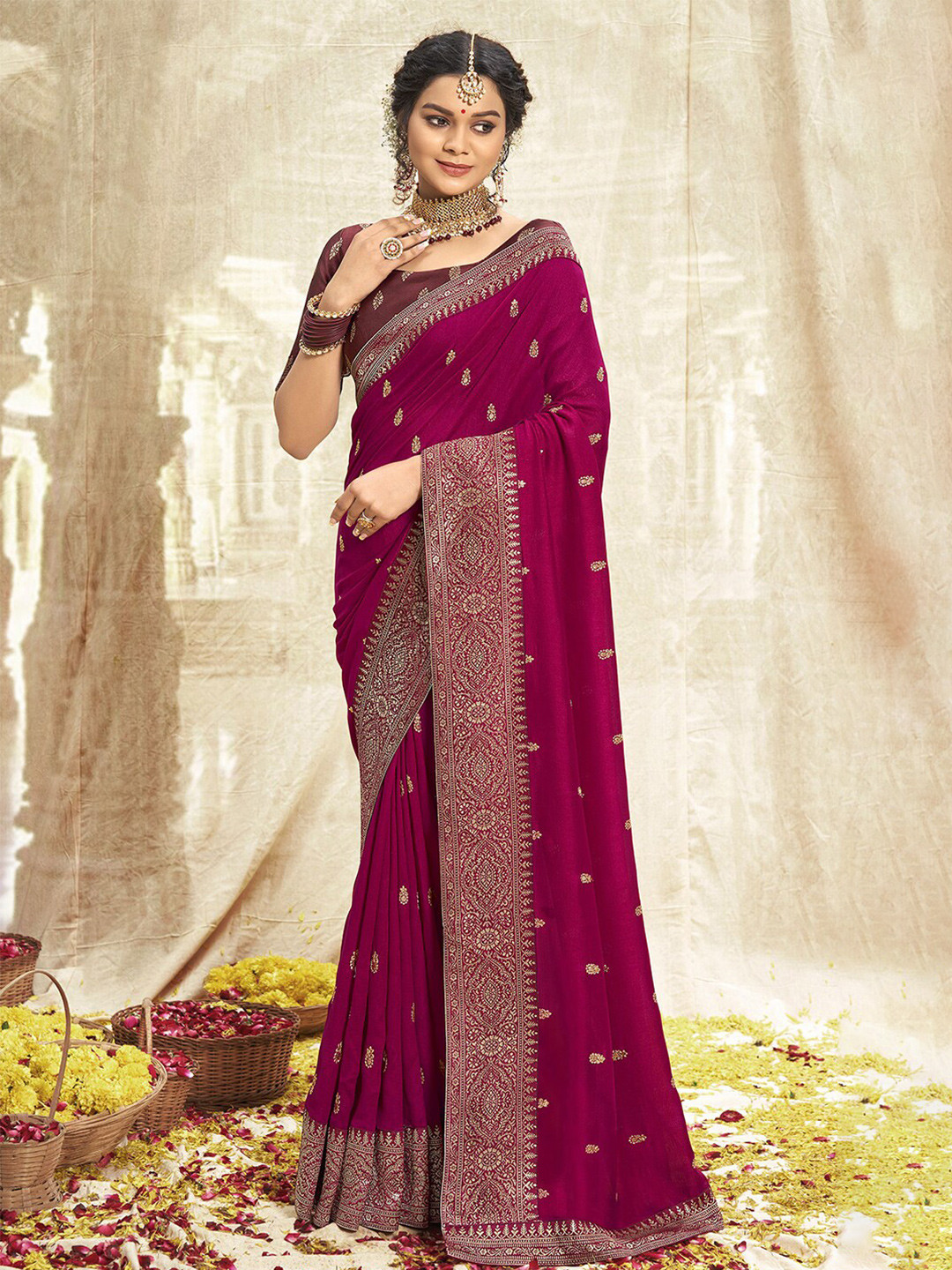 

Satrani Maroon Floral Embroidered Art Silk Saree