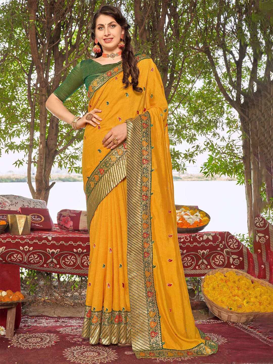 

Satrani Yellow Paisley Embroidered Art Silk Saree