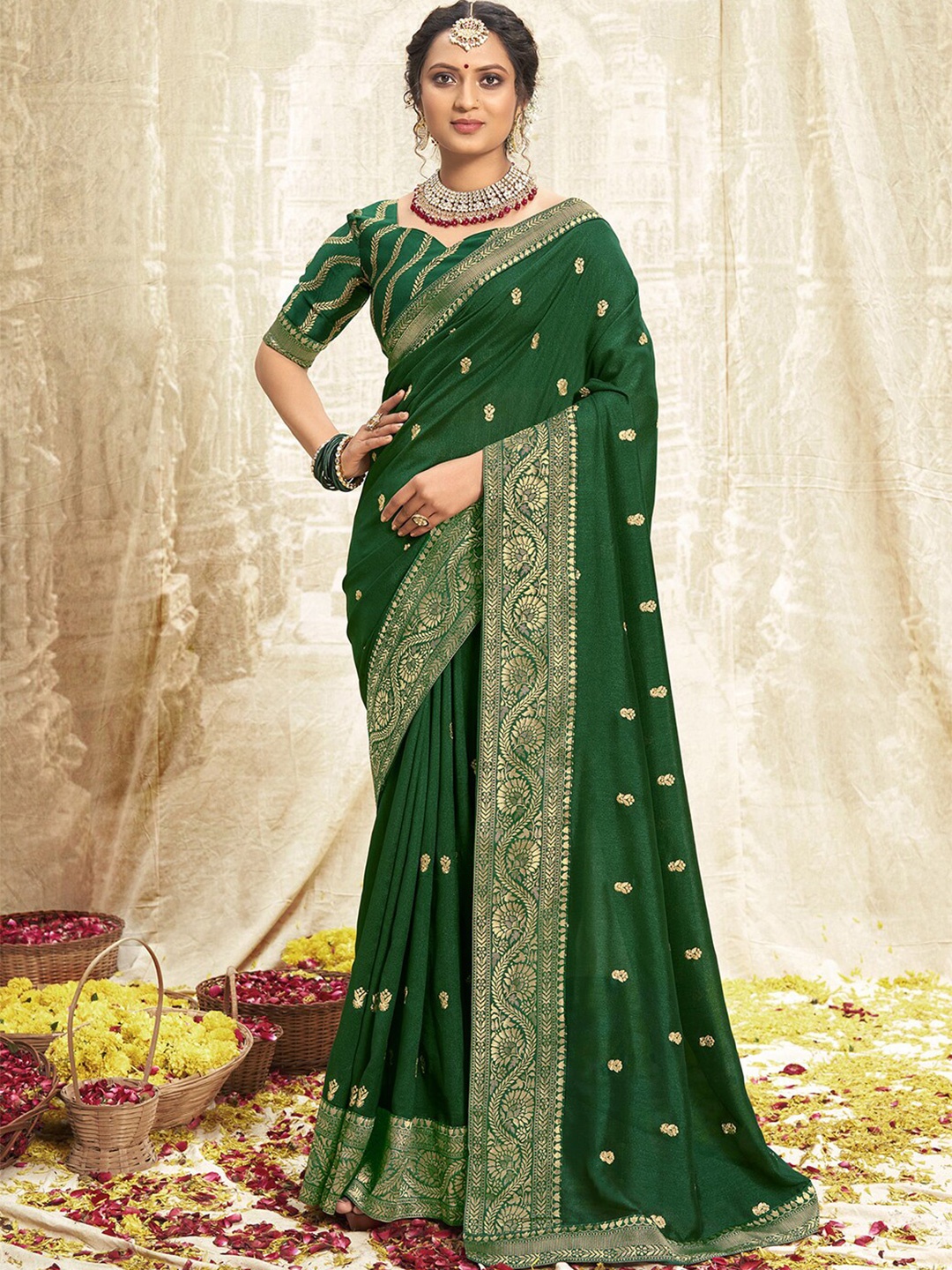 

Satrani Green Floral Embroidered Art Silk Saree