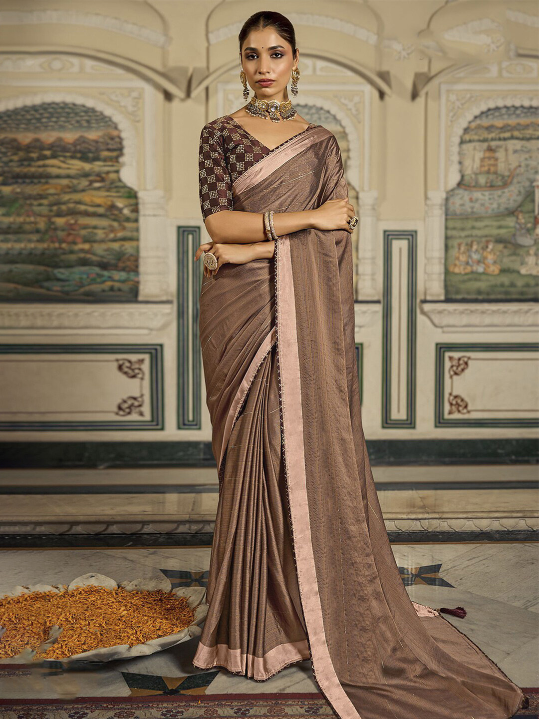 

Satrani Brown & Pink Striped Zari Saree