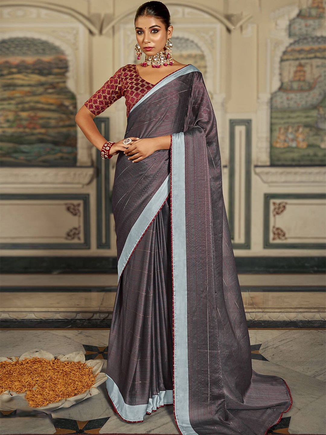 

Satrani Striped Zari Poly Chiffon Fusion Saree, Grey