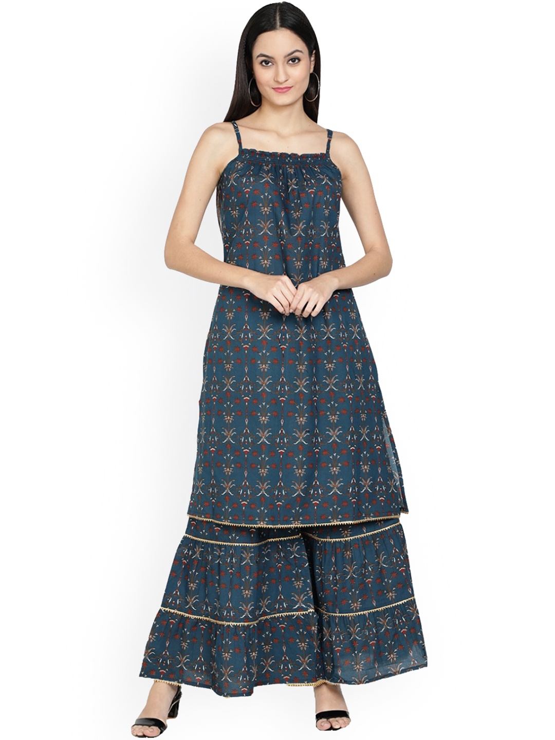 

BAESD Floral Printed Pure Cotton Kurta With Sharara, Navy blue