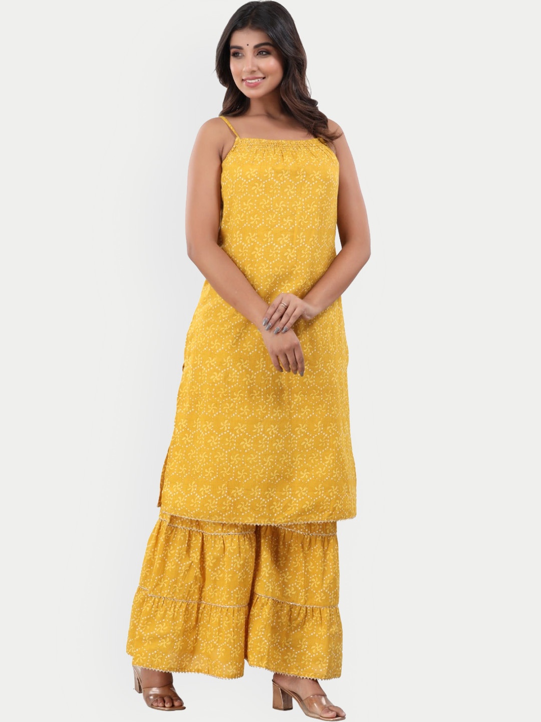 

BAESD Ethnic Motifs Printed Regular Gotta Patti Pure Cotton Kurta With Sharara, Yellow