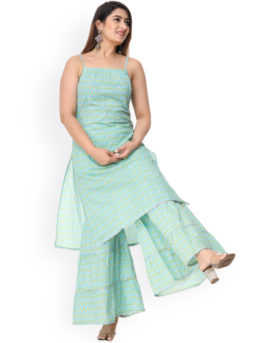 

BAESD Floral Printed Pure Cotton Kurta With Sharara, Turquoise blue