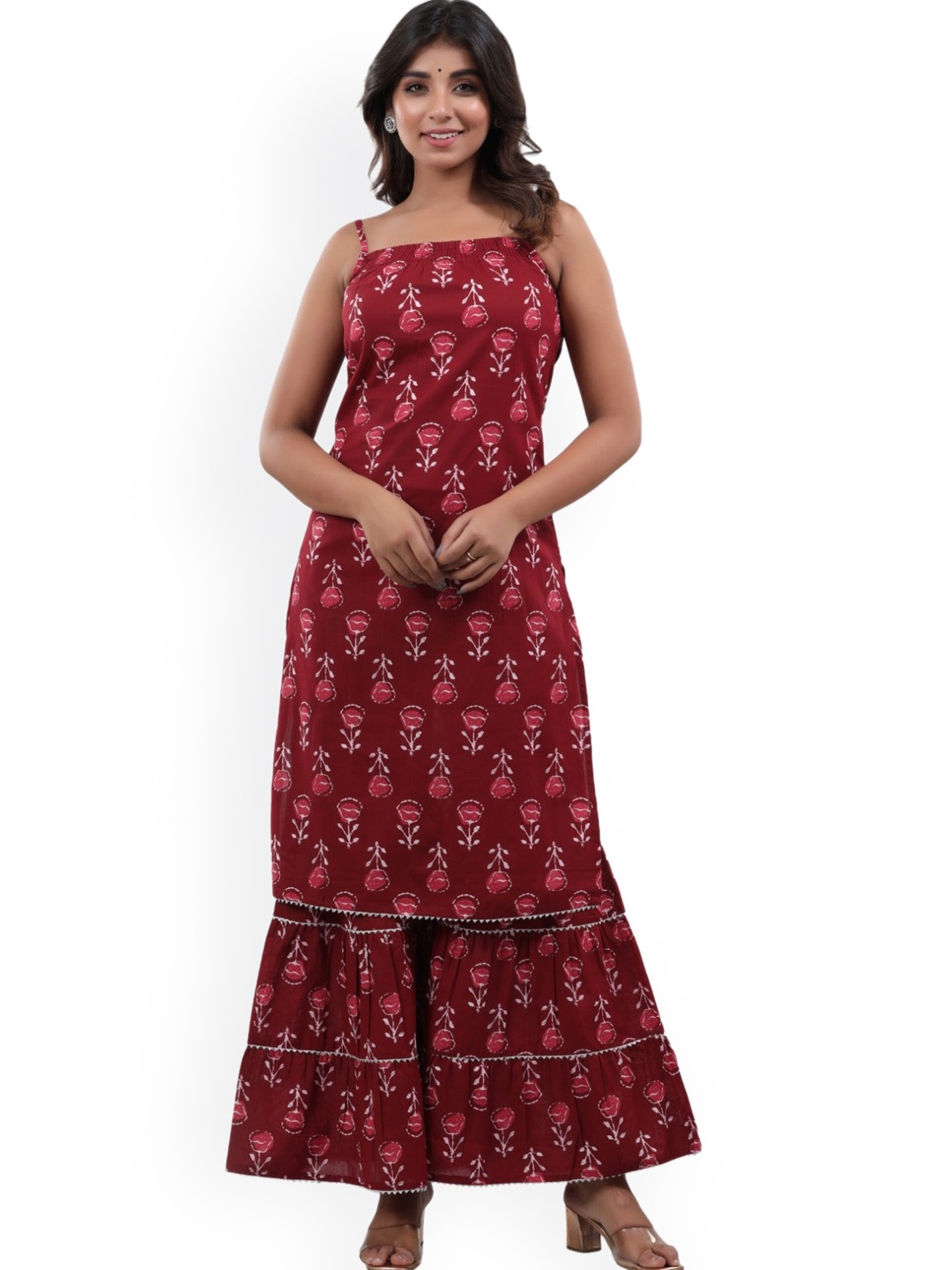 

BAESD Floral Printed Pure Cotton Kurta With Sharara, Maroon