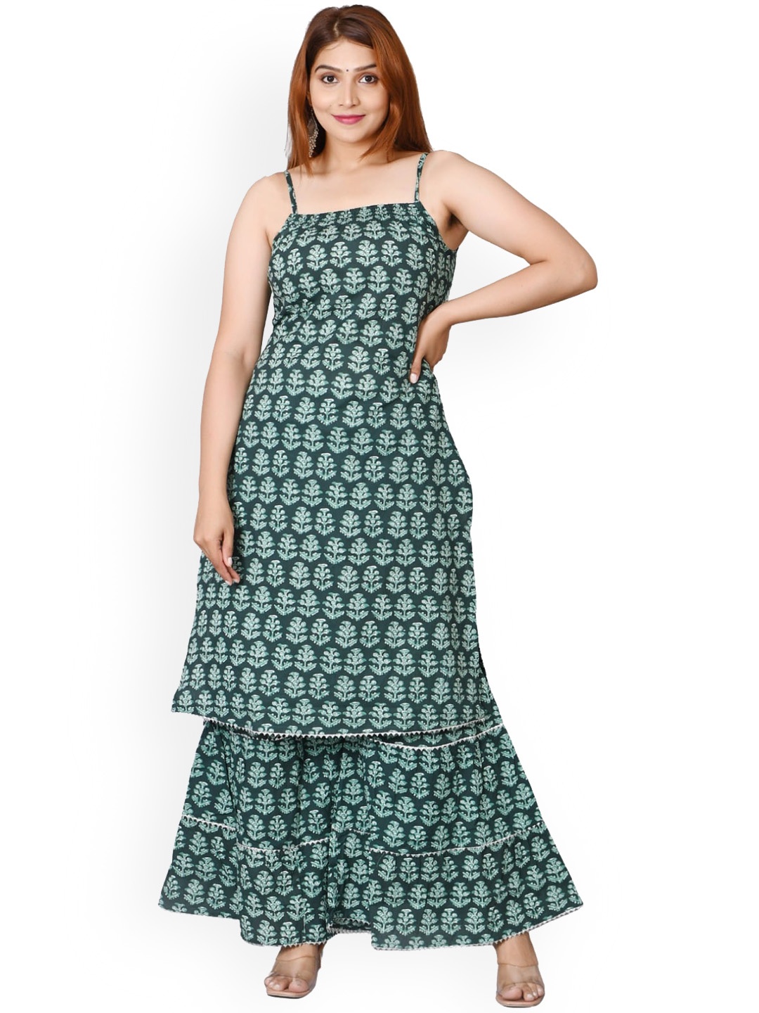 

BAESD Floral Printed Pure Cotton Kurta With Sharara, Green