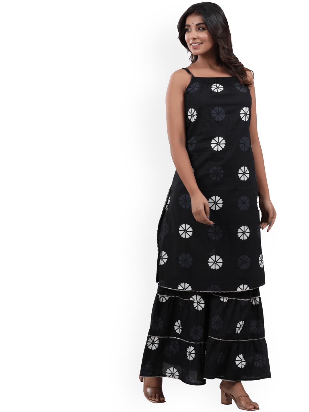 

BAESD Floral Printed Pure Cotton Kurta With Sharara, Black