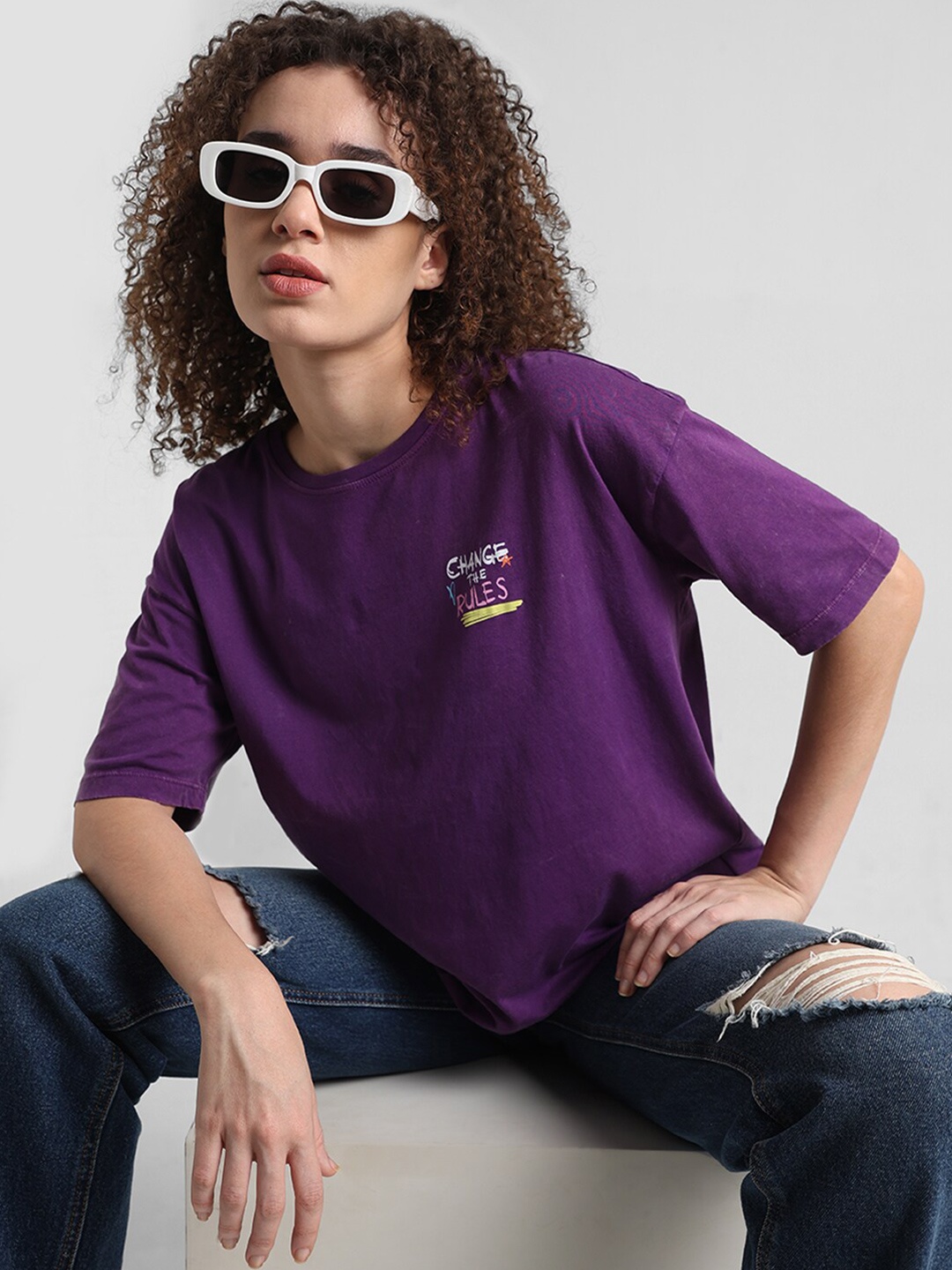 

ONLY Graphic Printed Round Neck Pure Cotton Oversized T-shirt, Purple