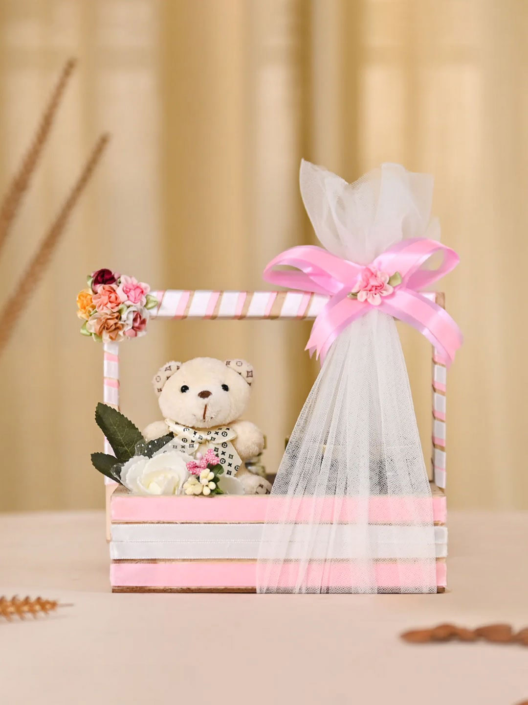 

DecorTwist Pink & Cream Wooden Basket Gift Hamper