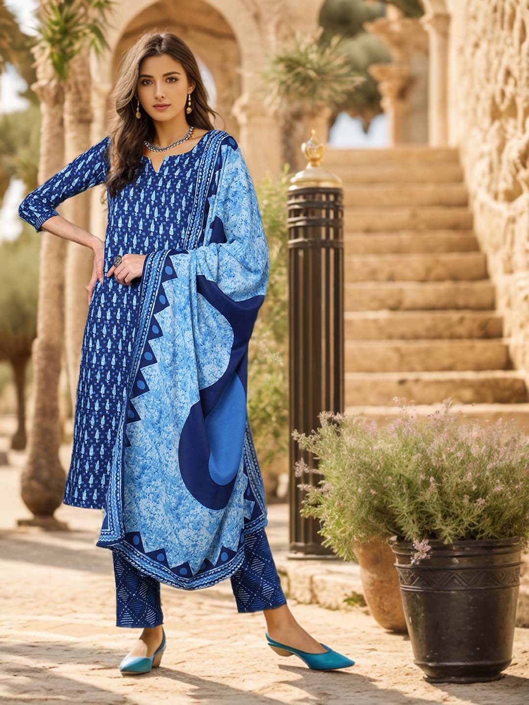 

AHIKA Ethnic Motifs Printed Regular Kurta With Trousers & Dupatta, Blue