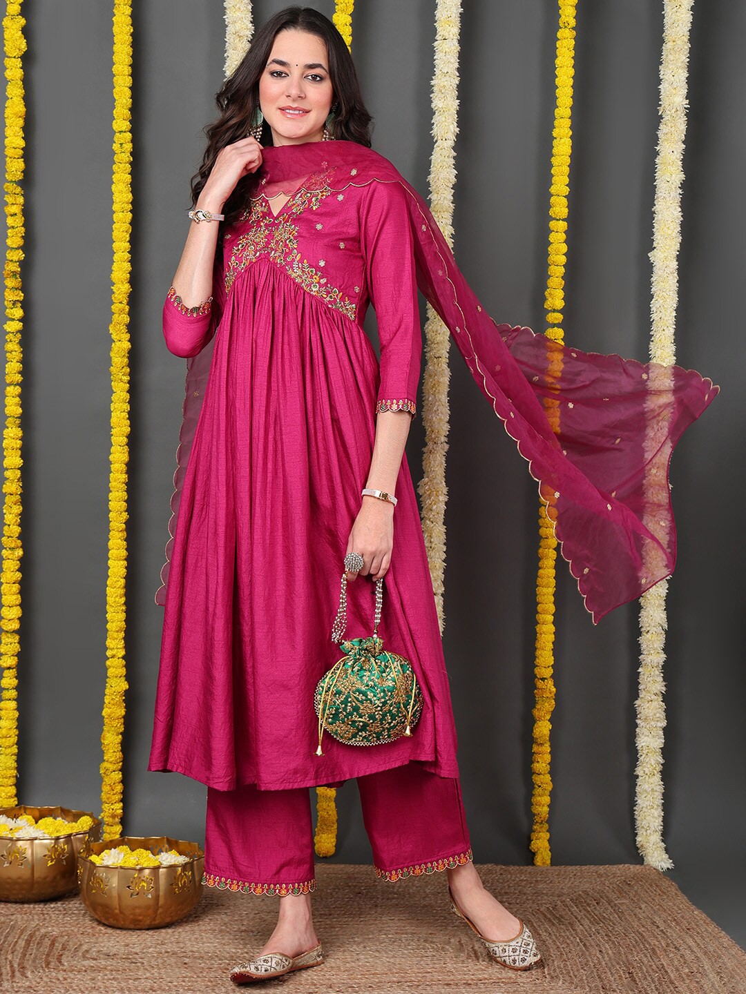 

AHIKA Pink Ethnic Motifs Embroidered Sequined Anarkali Kurta with Trousers & Dupatta
