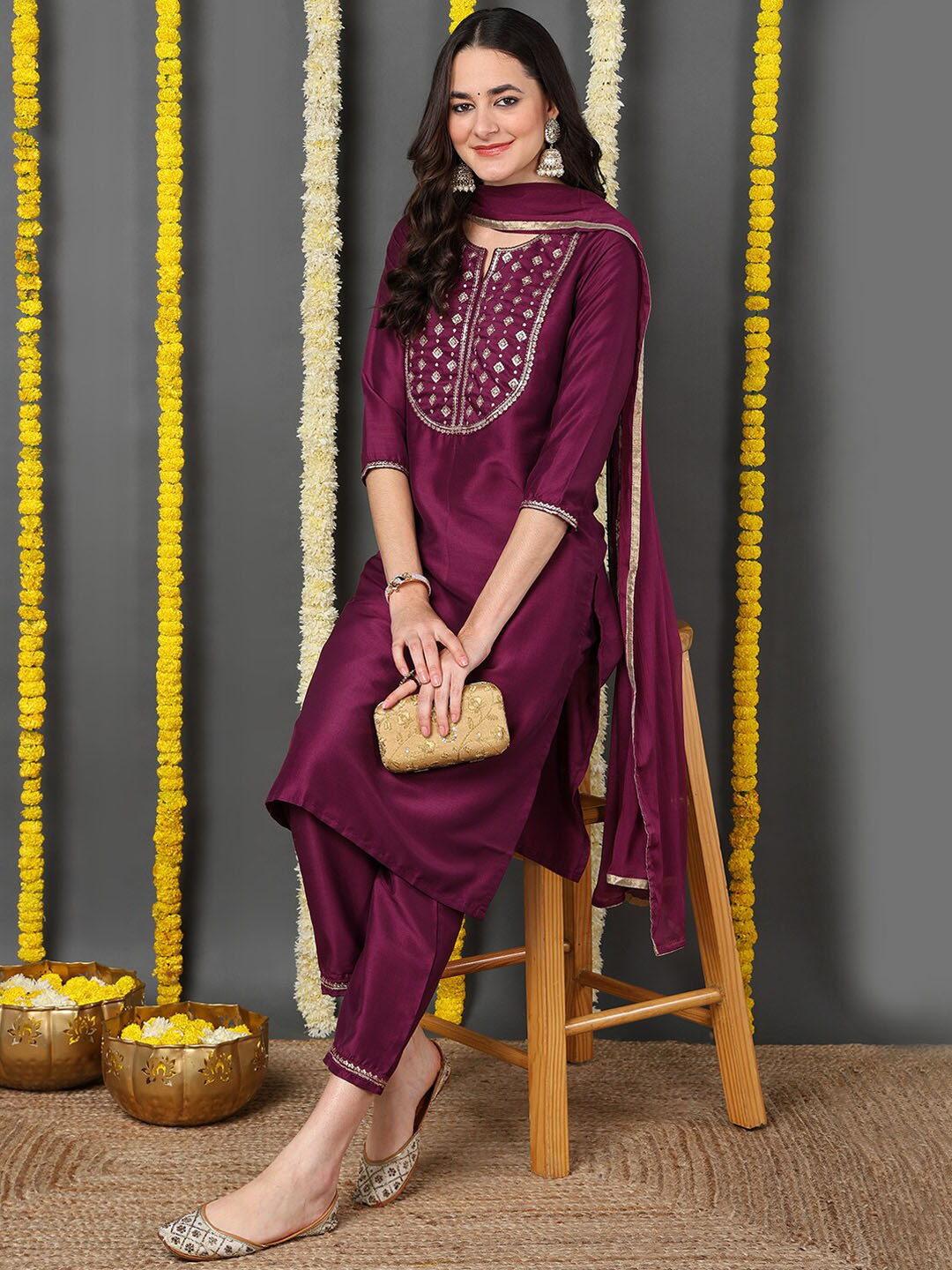 

AHIKA Yoke Design Regular Sequinned Kurta With Trousers & Dupatta, Purple