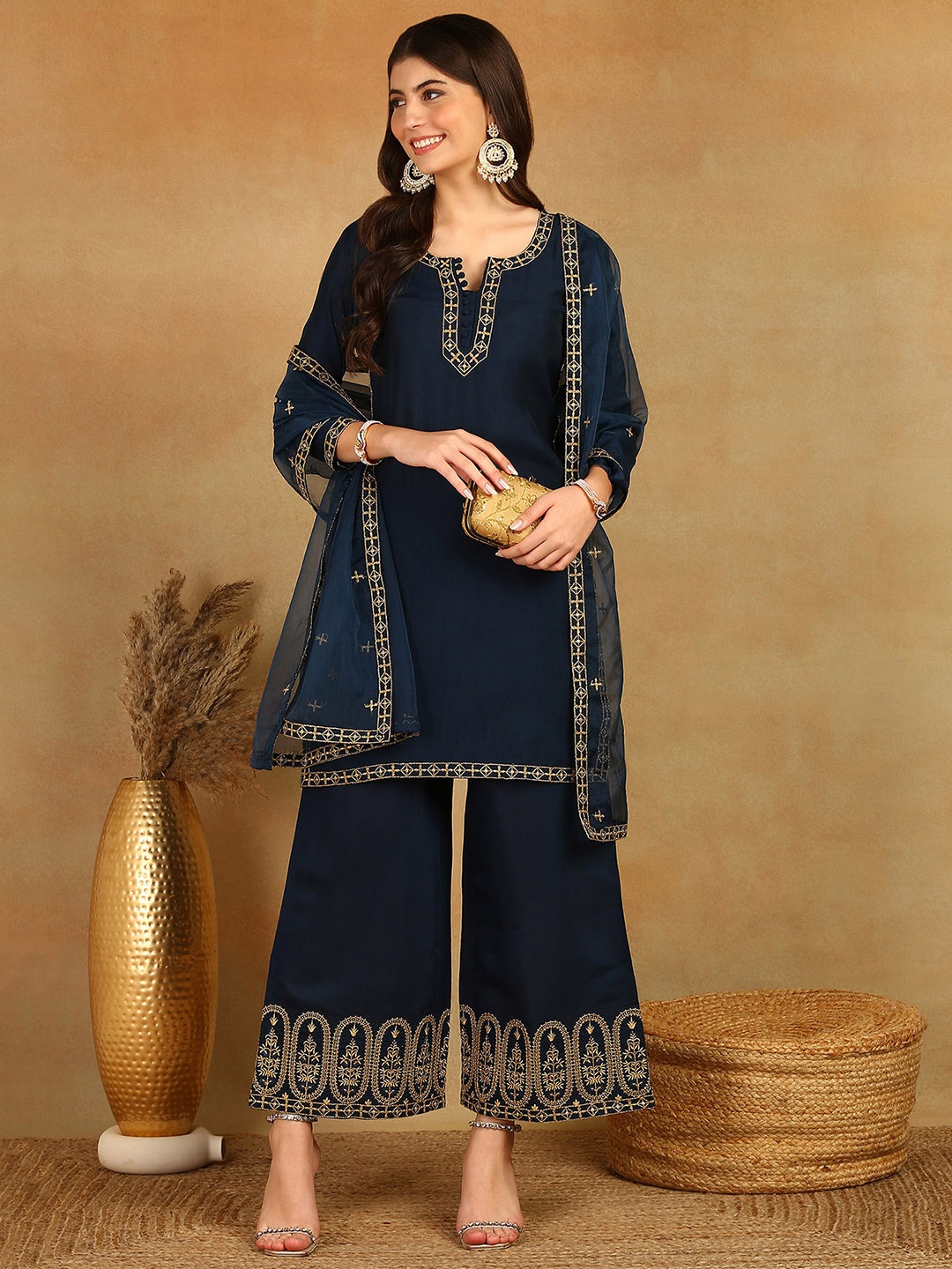 

AHIKA Blue Yoke Design Straight Kurta with Trousers & Dupatta