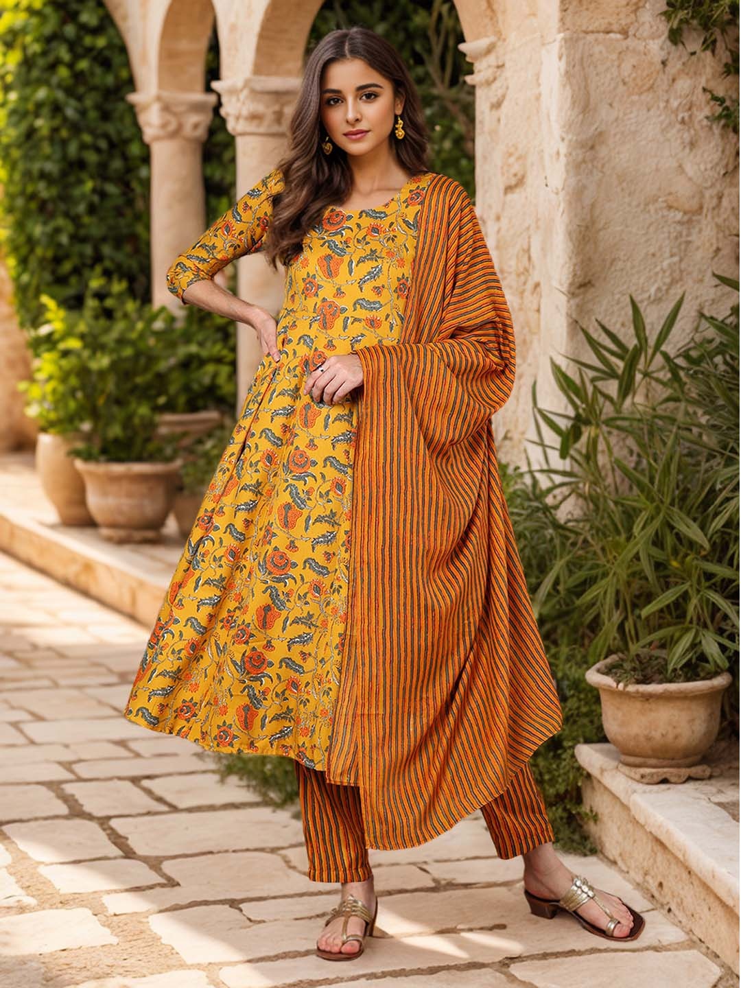 

AHIKA Floral Printed Empire Kurta with Trousers & Dupatta, Yellow