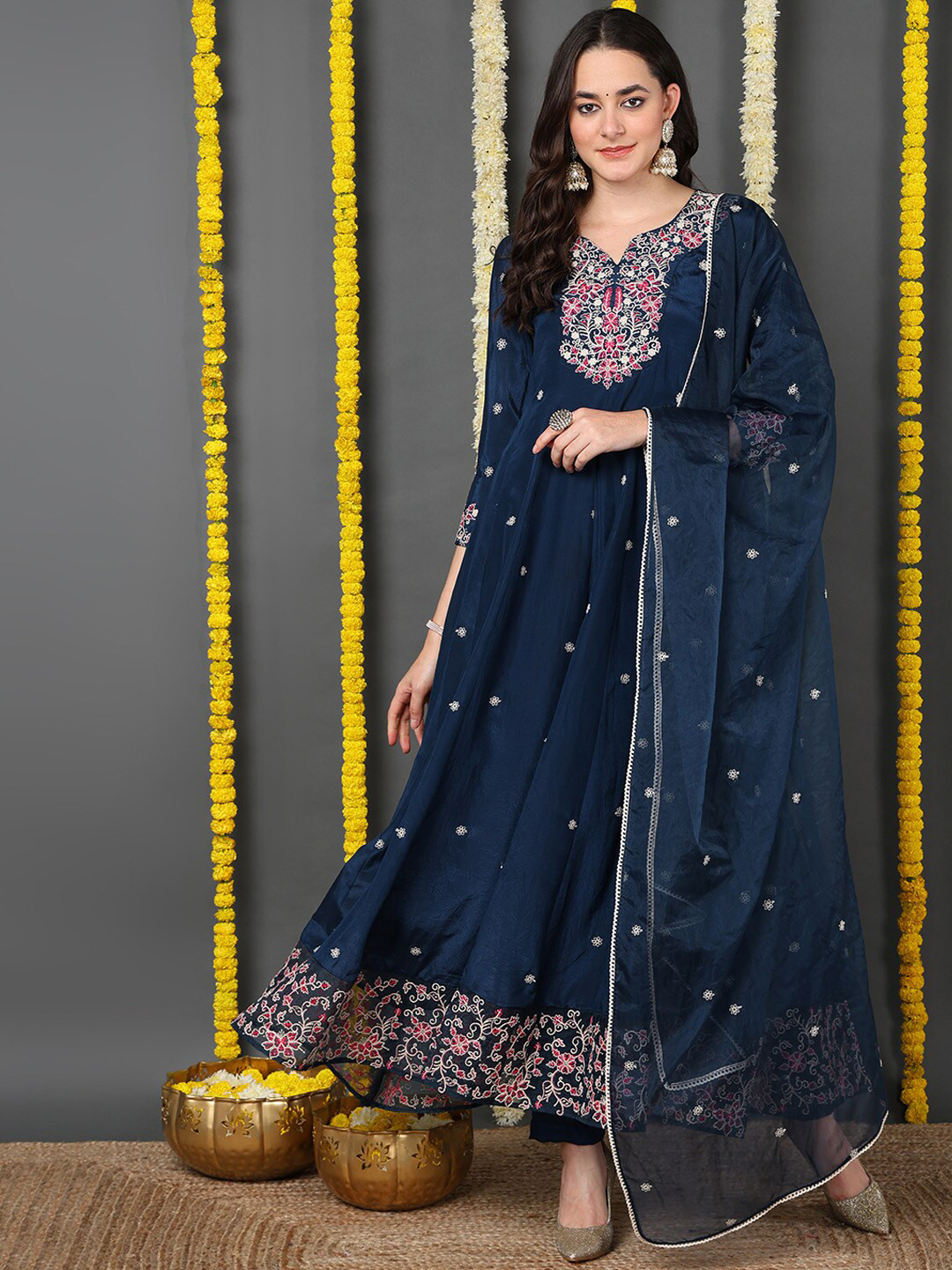

AHIKA Ethnic Motif Embroidered Kurta With Trousers & Dupatta, Blue