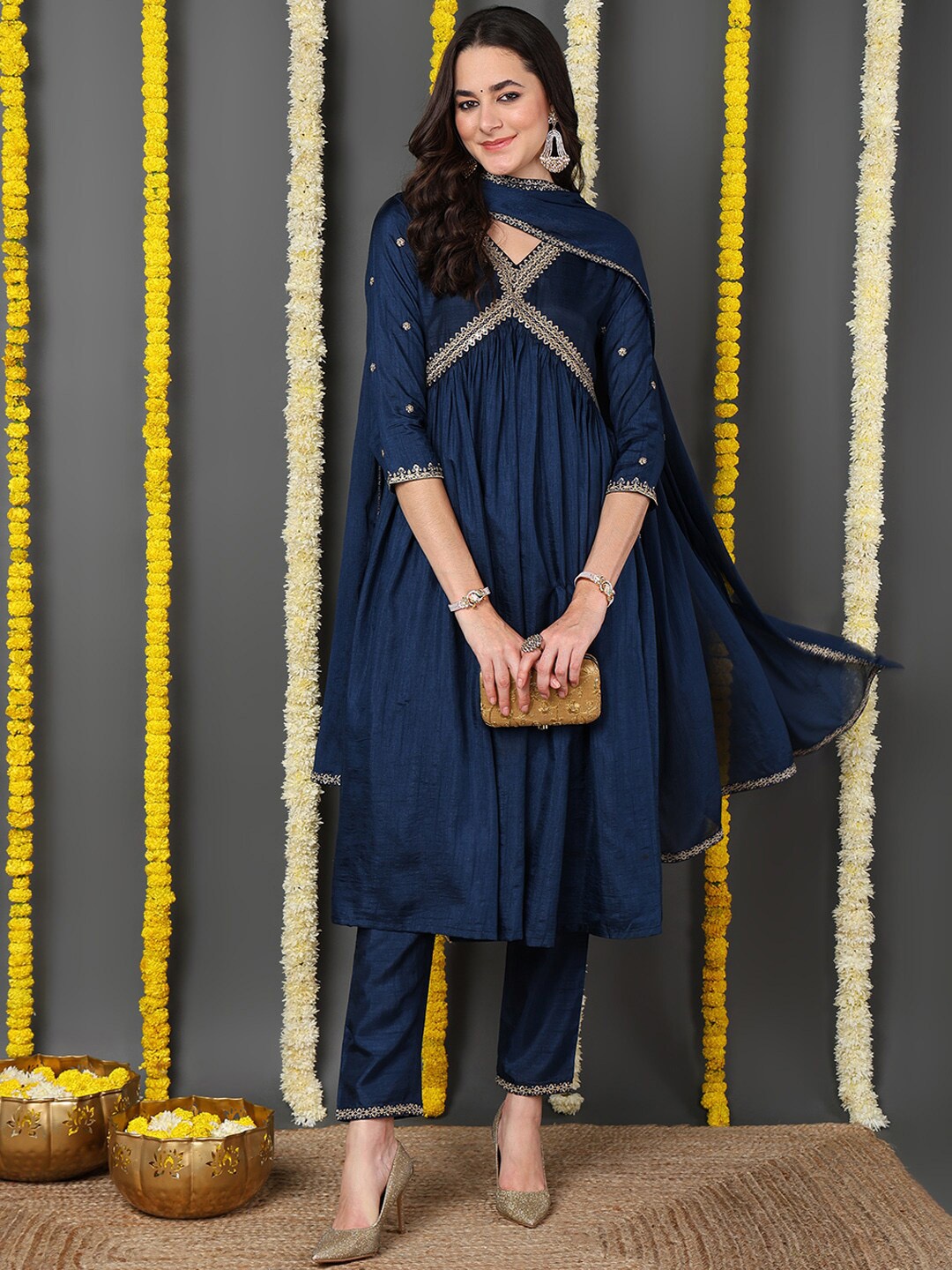 

AHIKA Navy Blue Embroidered Empire Kurta with Trousers & Dupatta