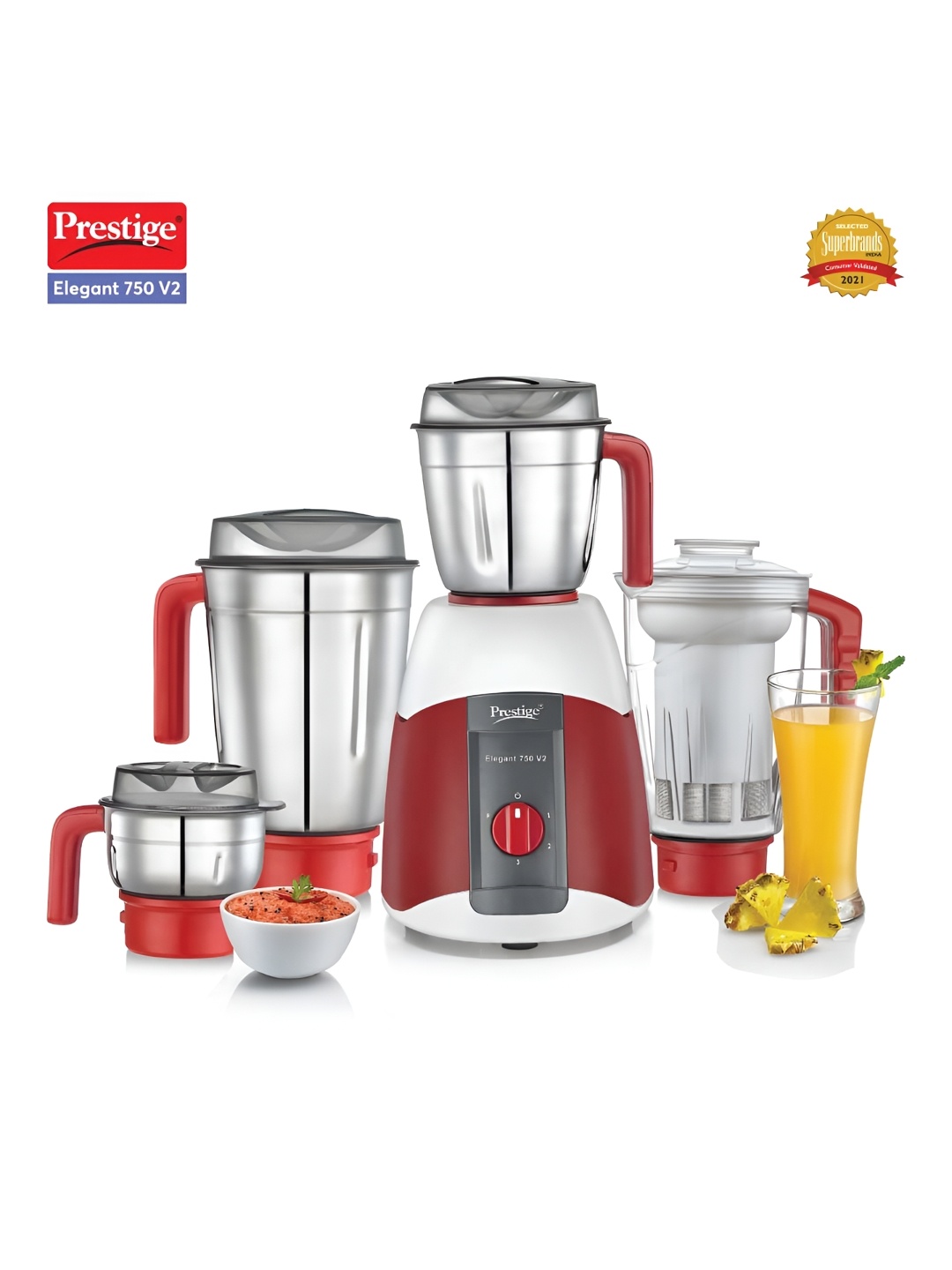

Prestige Stylo V2 Red & White 5 Pieces 750 W Juicer Mixer Grinder With Jars