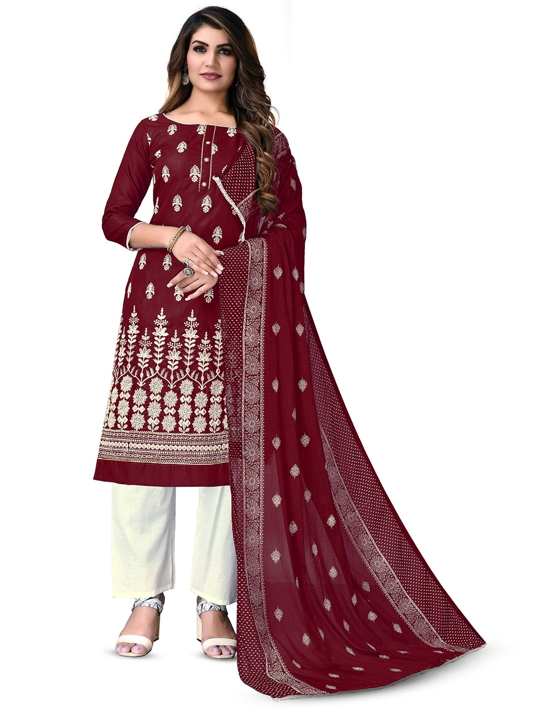 

MANVAA Embroidered Pure Cotton Unstitched Dress Material, Maroon