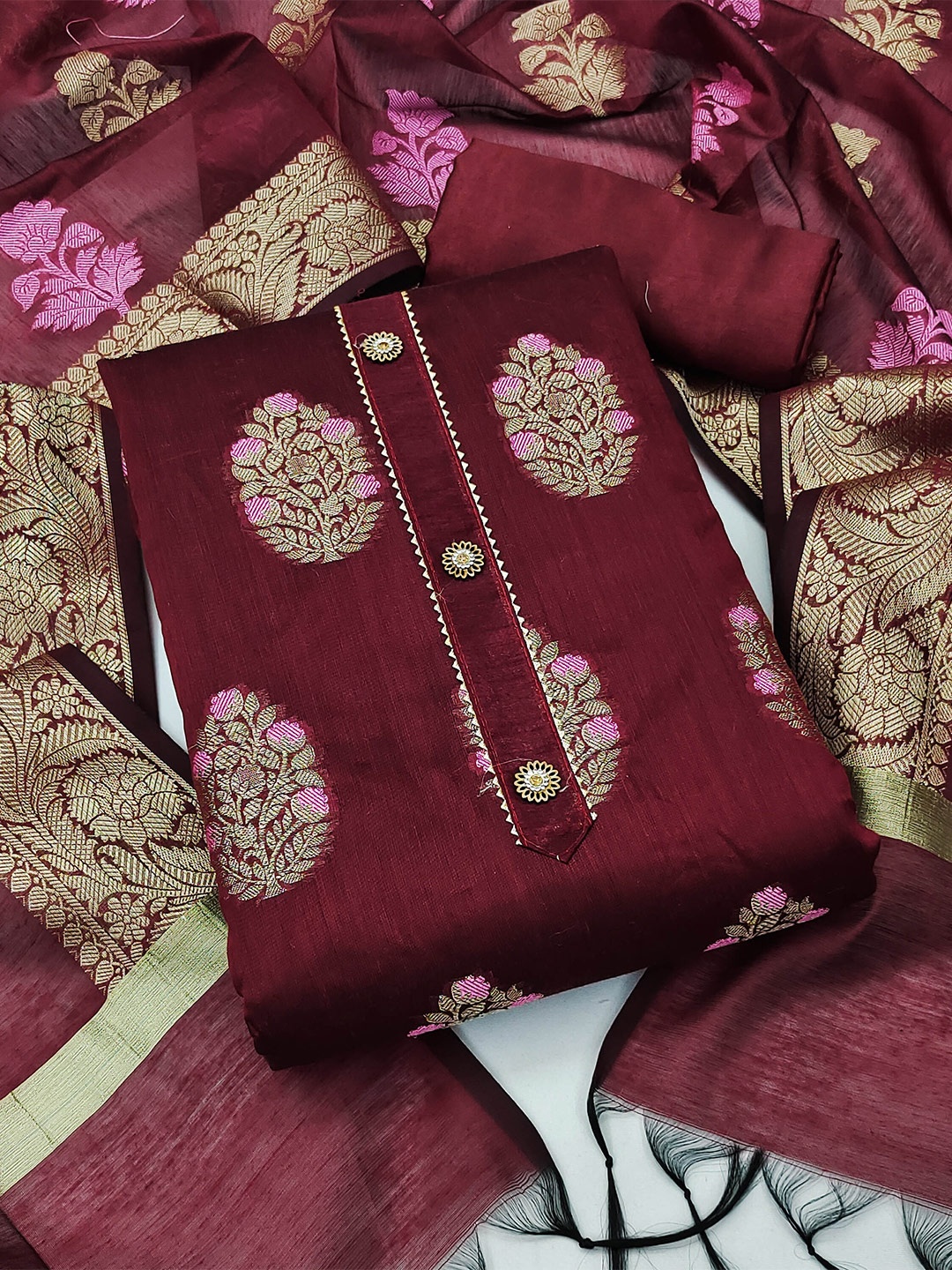 

MANVAA Woven Design Unstitched Dress Material, Magenta