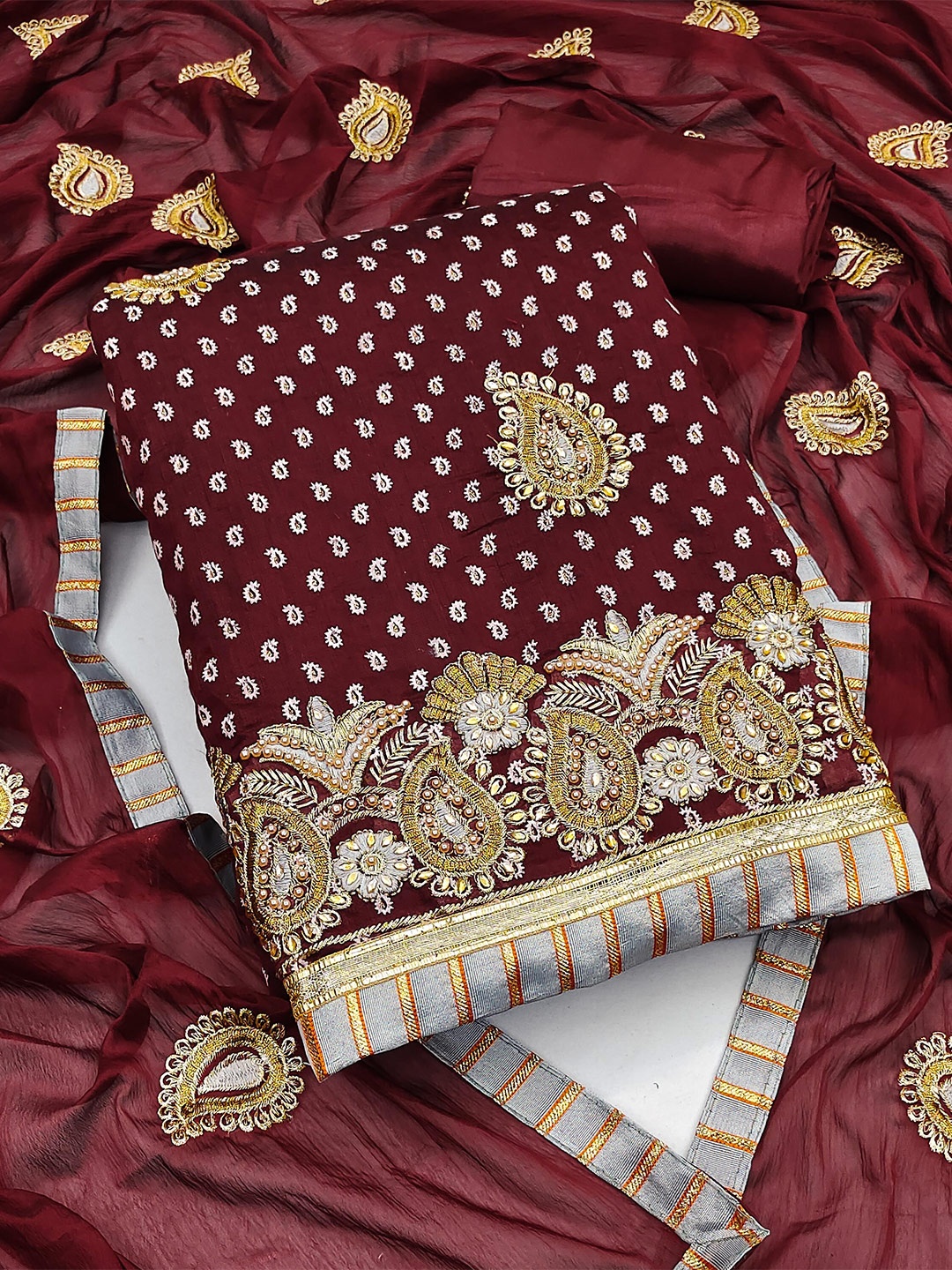 

MANVAA Ethnic Motif Embroidered Unstitched Dress Material, Brown