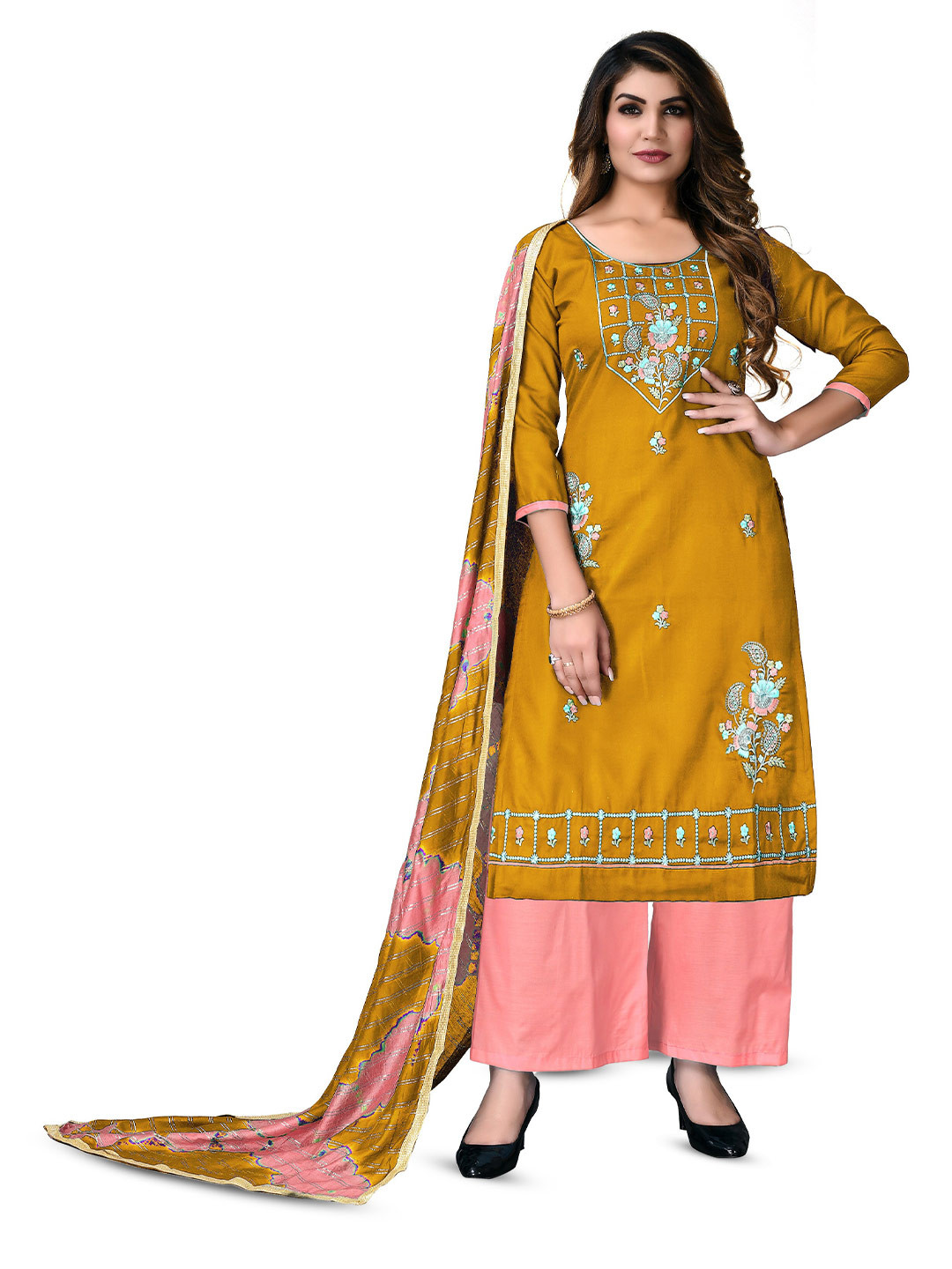 

MANVAA Floral Embroidered Pure Cotton Unstitched Dress Material, Mustard