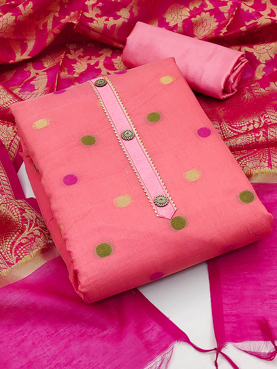 

MANVAA Floral Woven Design Unstitched Dress Material, Peach
