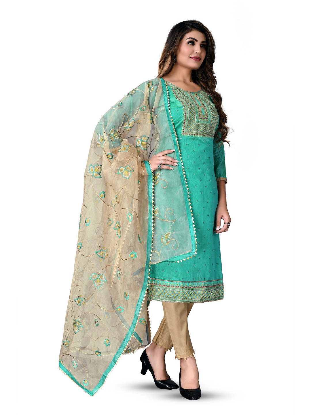 

MANVAA Ethnic Motifs Embroidered Gotta Patti Unstitched Dress Material, Sea green