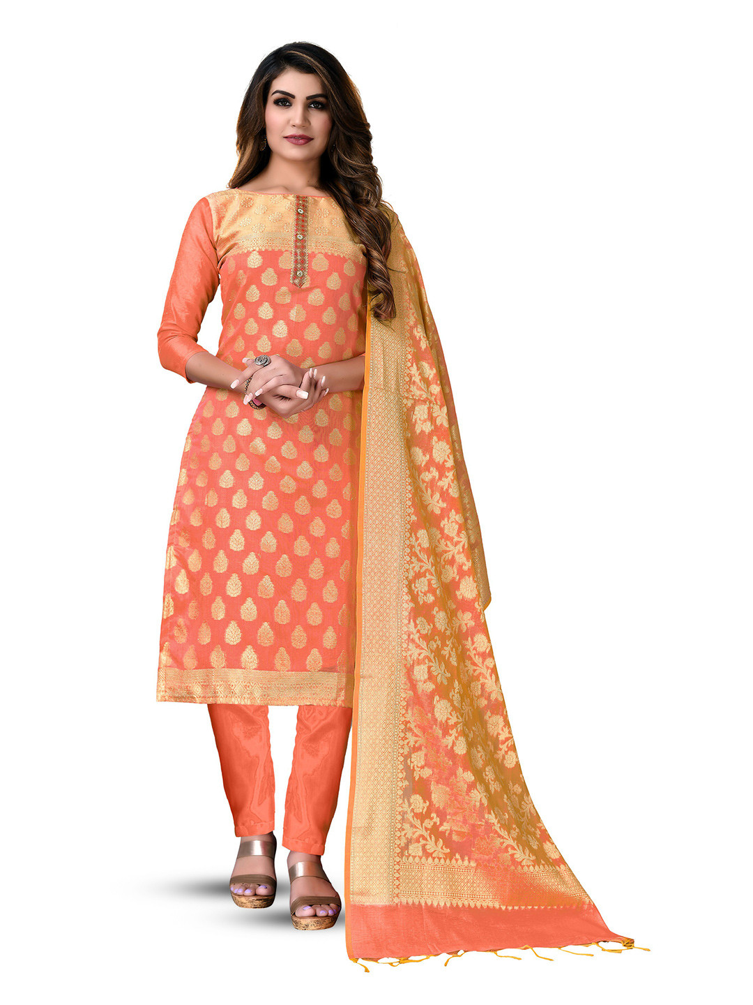 

MANVAA Ethnic Motifs Woven Design Unstitched Dress Material, Peach