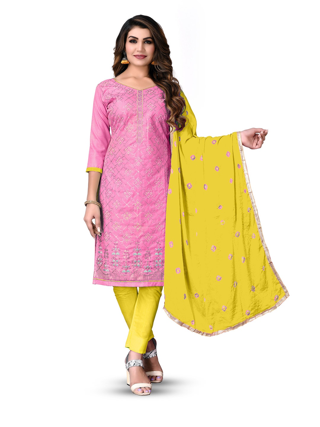 

MANVAA Embellished Pure Cotton Unstitched Dress Material, Pink