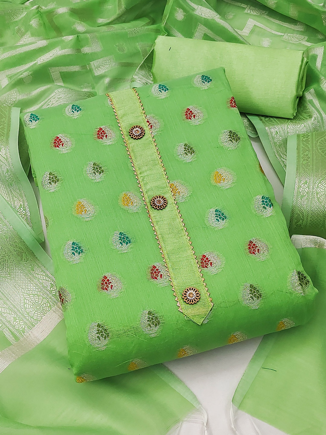 

MANVAA Woven Design Unstitched Dress Material, Green