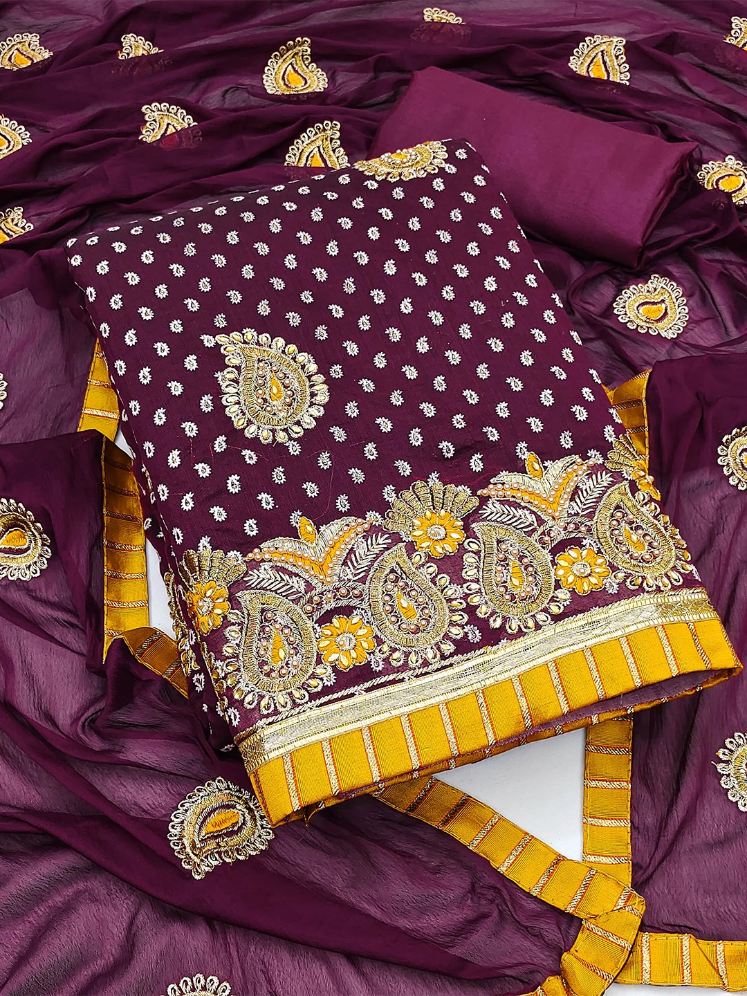 

MANVAA Ethnic Motifs Embellished Unstitched Dress Material, Magenta