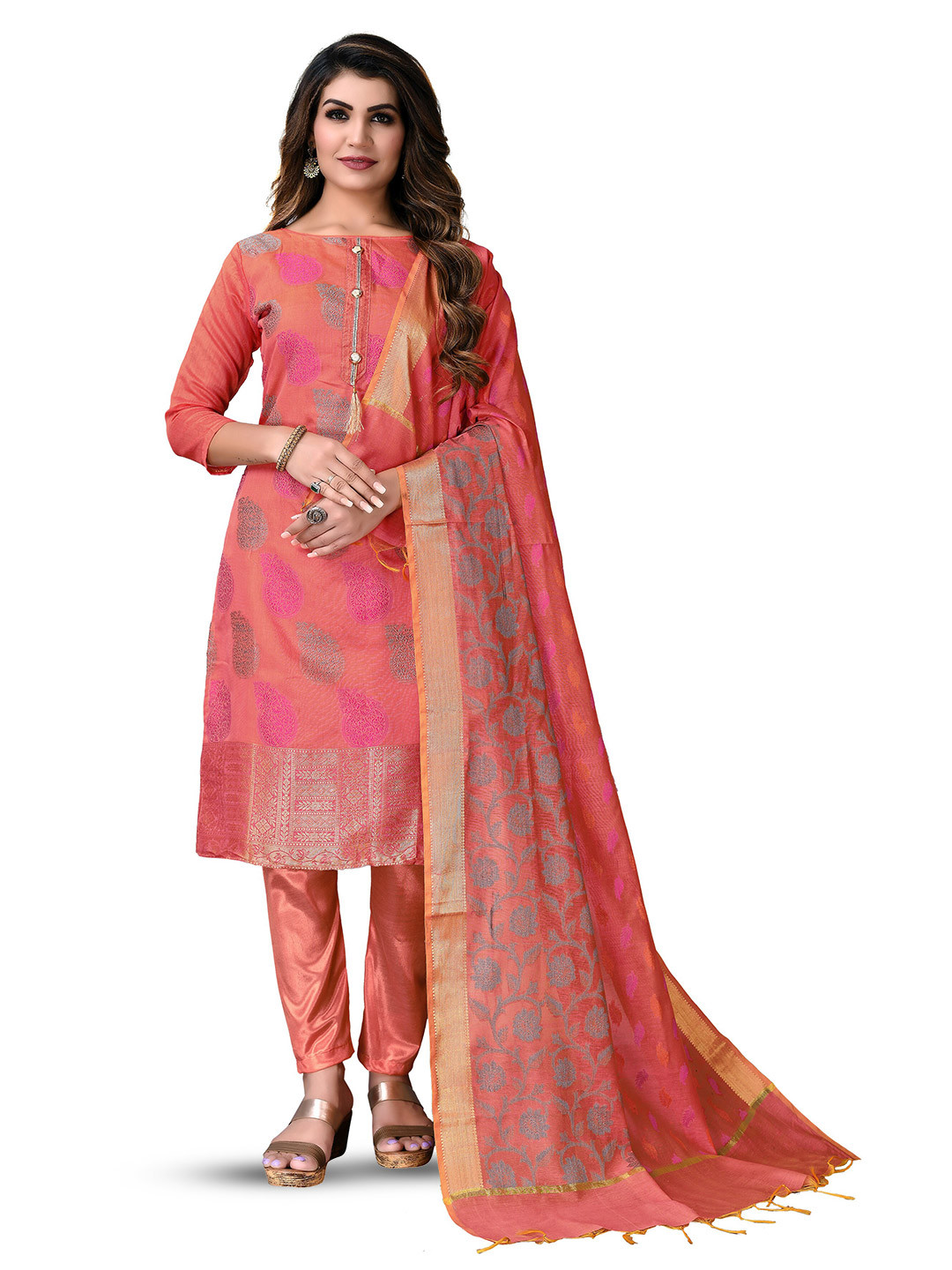 

MANVAA Ethnic Motifs Woven Design Unstitched Dress Material, Pink