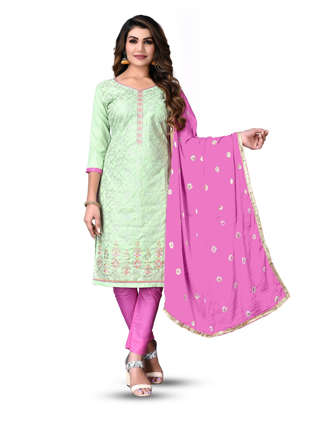

MANVAA Ethnic Motifs Embroidered Pure Cotton Unstitched Dress Material, Sea green