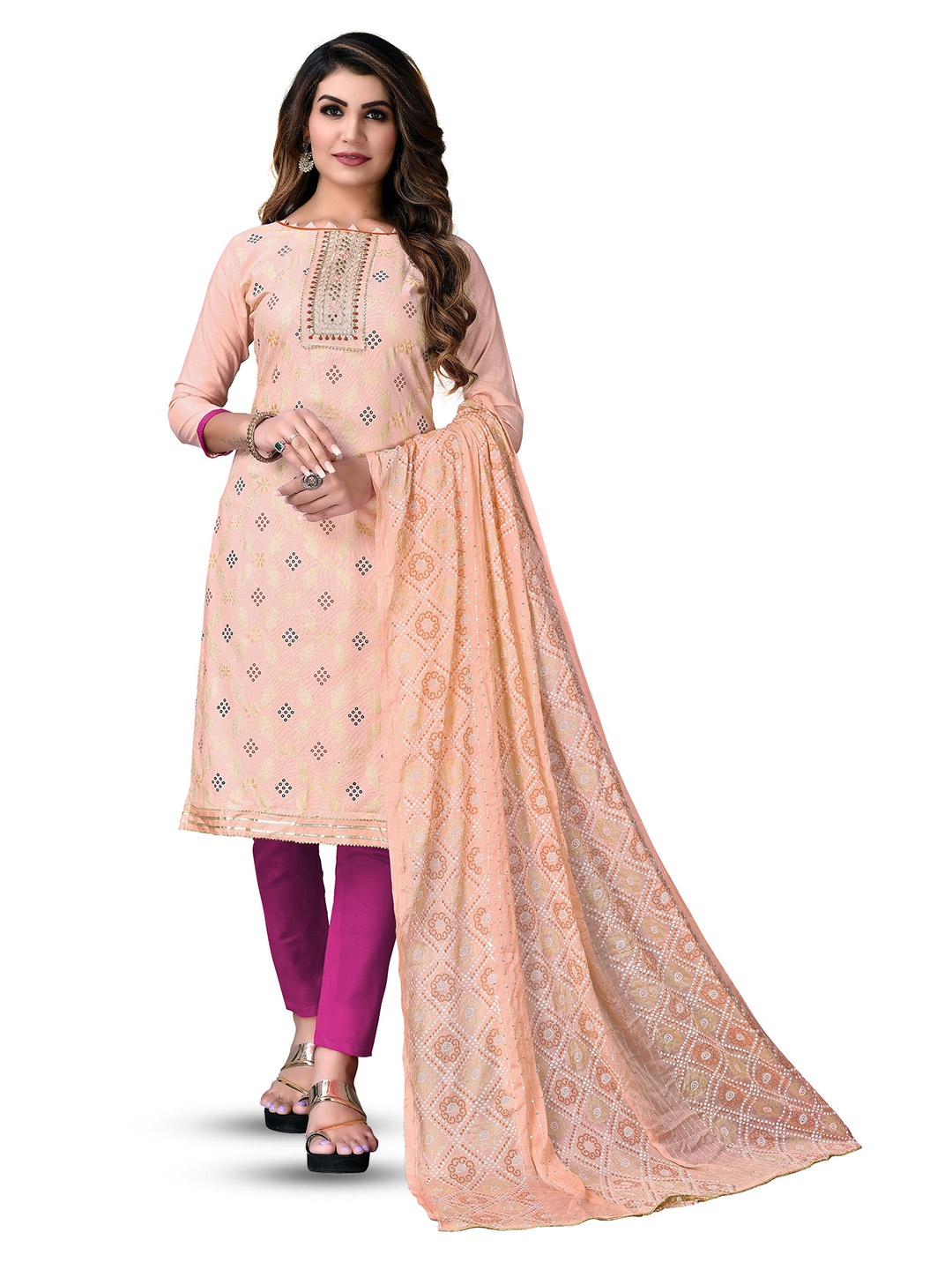 

MANVAA EThnic Motif Printed Pure Cotton Unstitched Dress Material, Peach