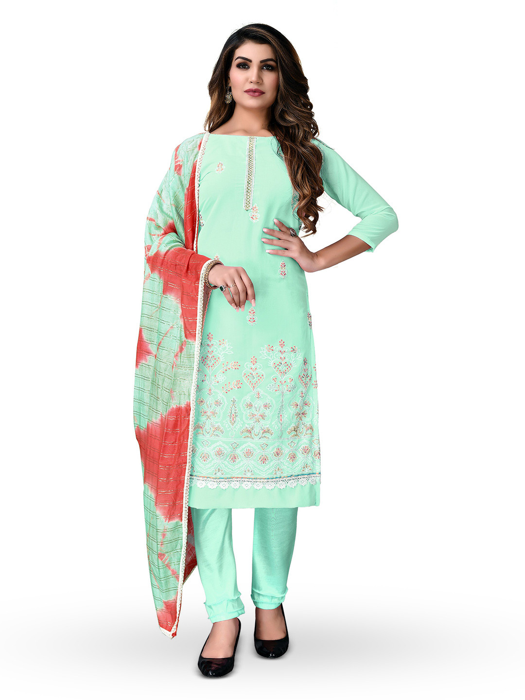 

MANVAA Ethnic Motif Embroidered Unstitched Dress Material, Sea green