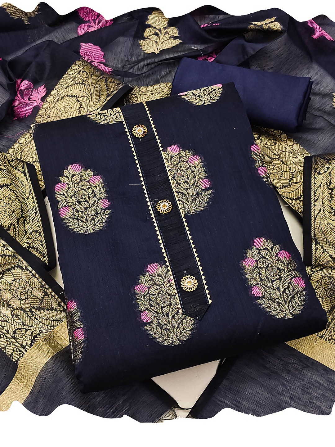 

MANVAA Floral Woven Design Banarasi Unstitched Dress Material, Navy blue