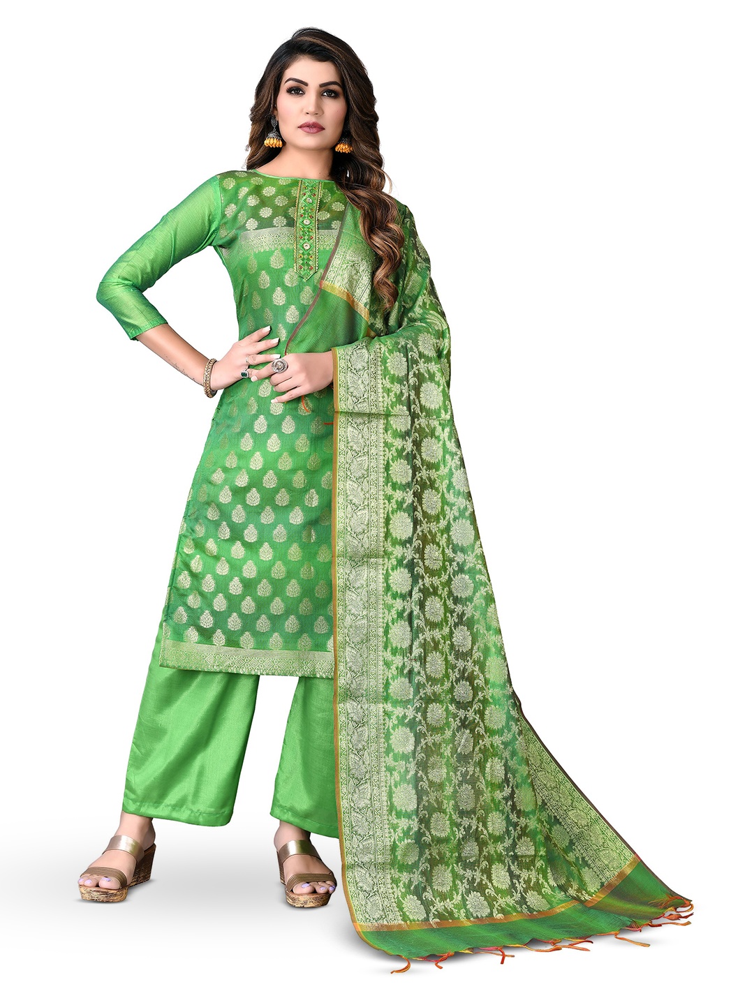 

MANVAA Ethnic Motifs Woven Design Unstitched Dress Material, Green