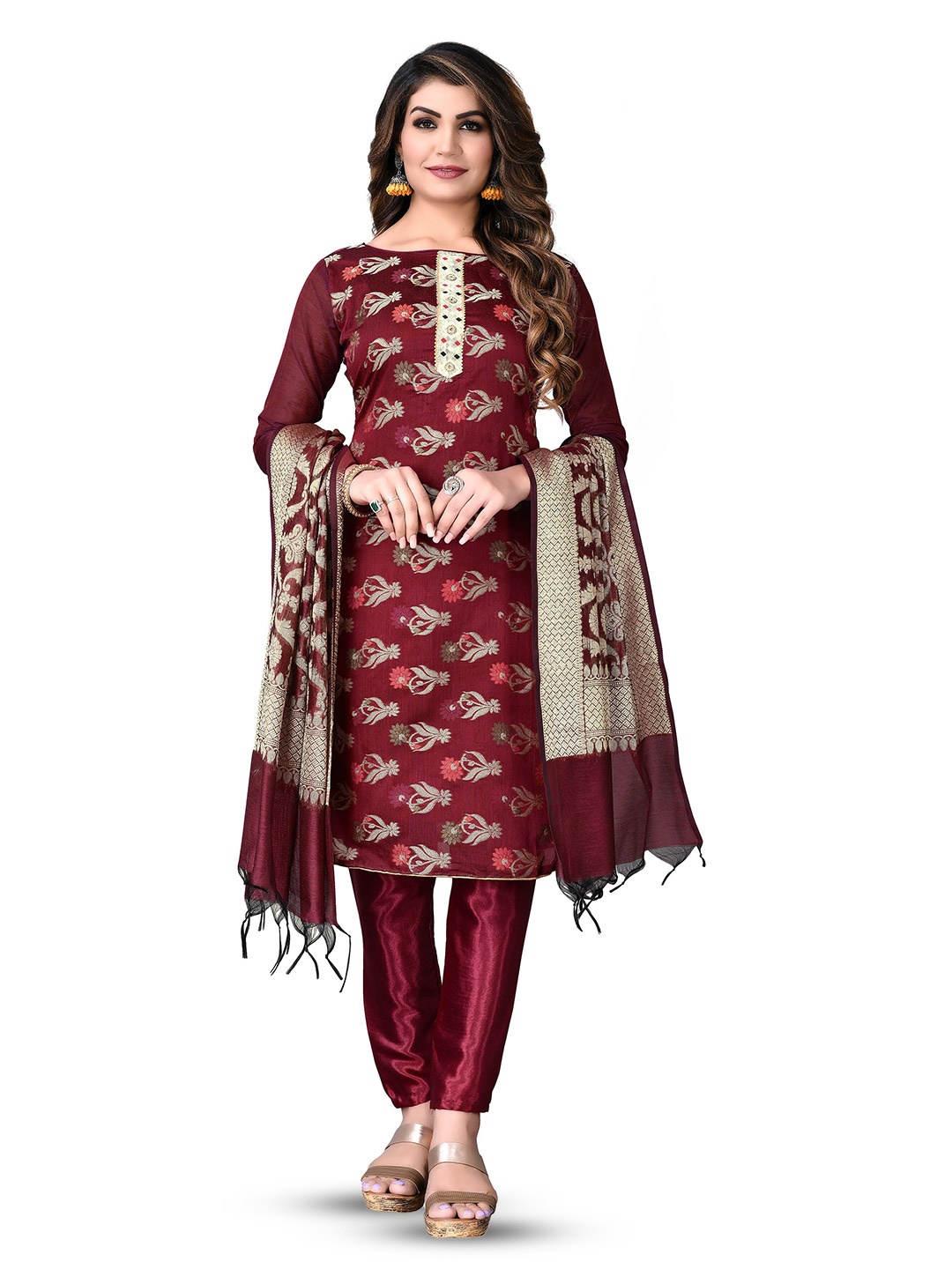 

MANVAA Ethnic Motifs Woven Design Unstitched Dress Material, Maroon