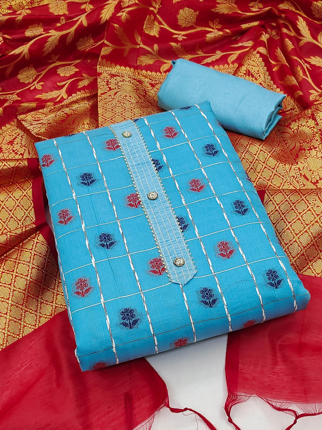 

MANVAA Ethnic Motifs Woven Design Gotta Patti Unstitched Dress Material, Blue
