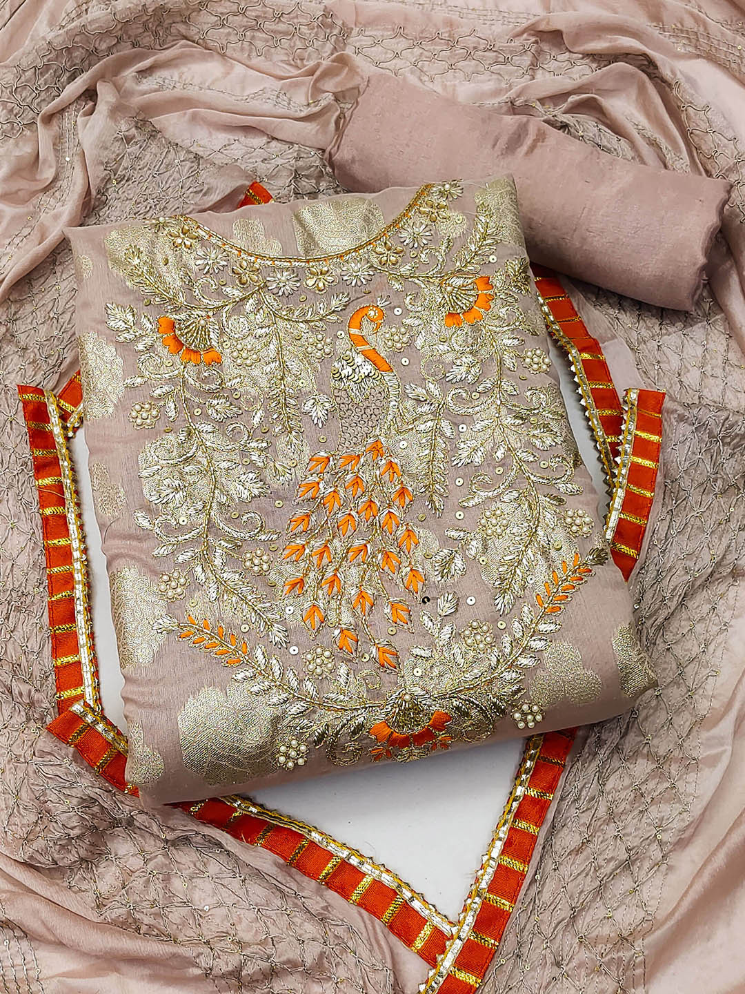 

MANVAA Beige Unstitched Dress Material