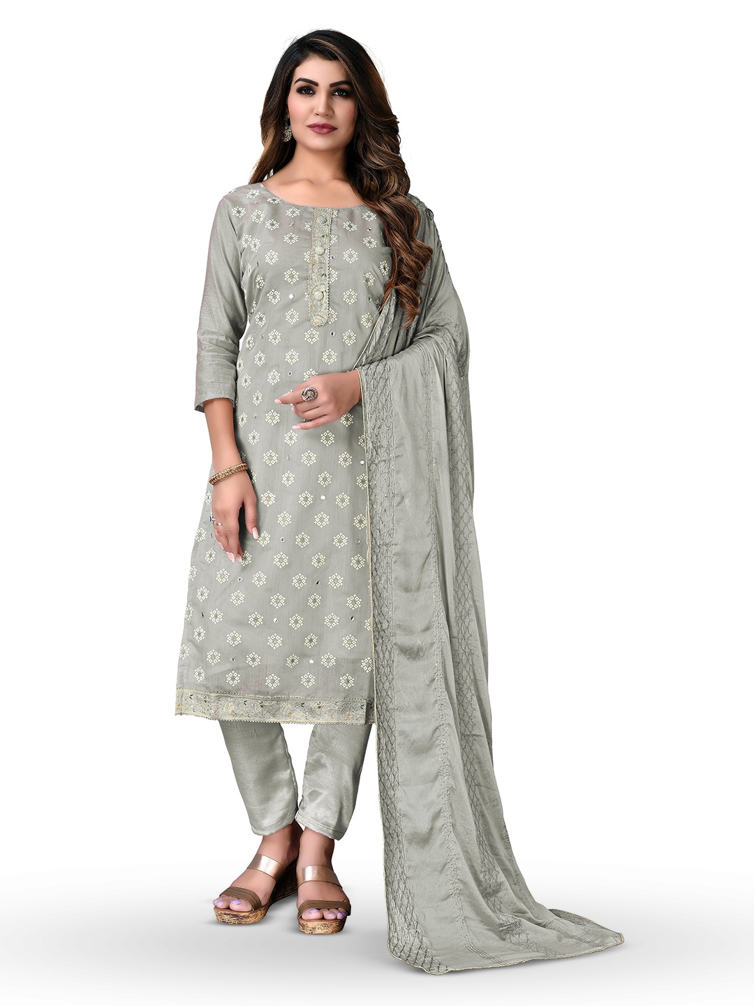 

MANVAA Floral Printed Unstitched Dress Material, Grey