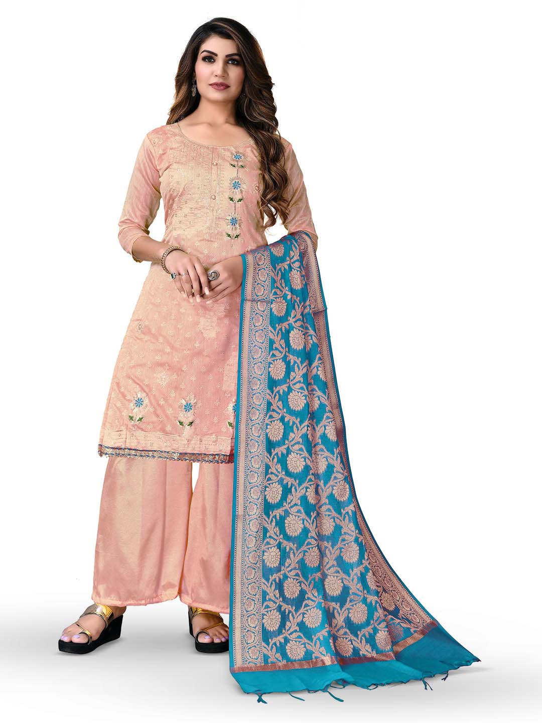 

MANVAA Ethnic Motifs Embroidered Unstitched Dress Material, Peach