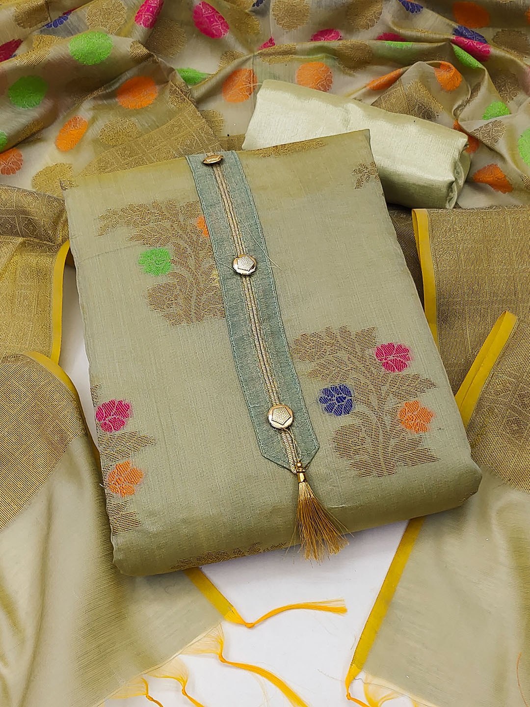 

MANVAA Floral Woven Design Unstitched Dress Material, Beige