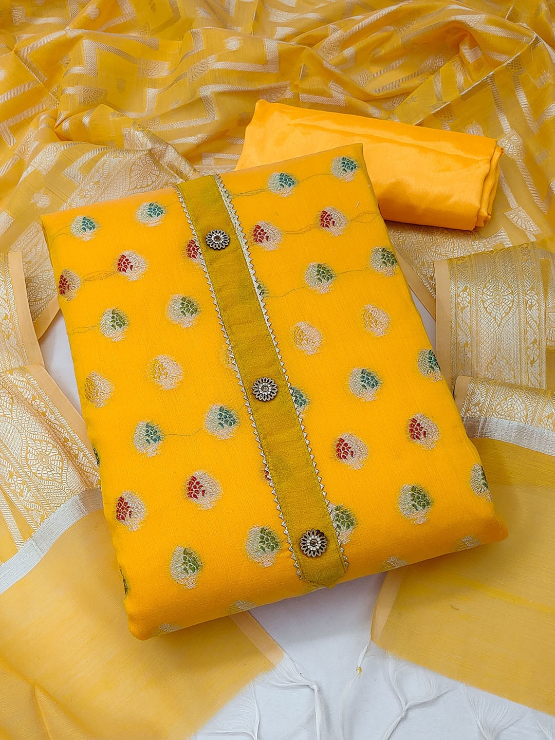 

MANVAA Floral Woven Design Unstitched Dress Material, Yellow