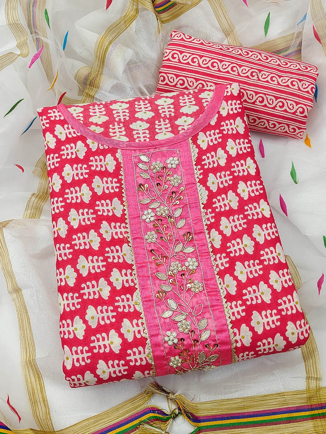 

MANVAA Floral Printed Zari Pure Cotton Unstitched Dress Material, Pink
