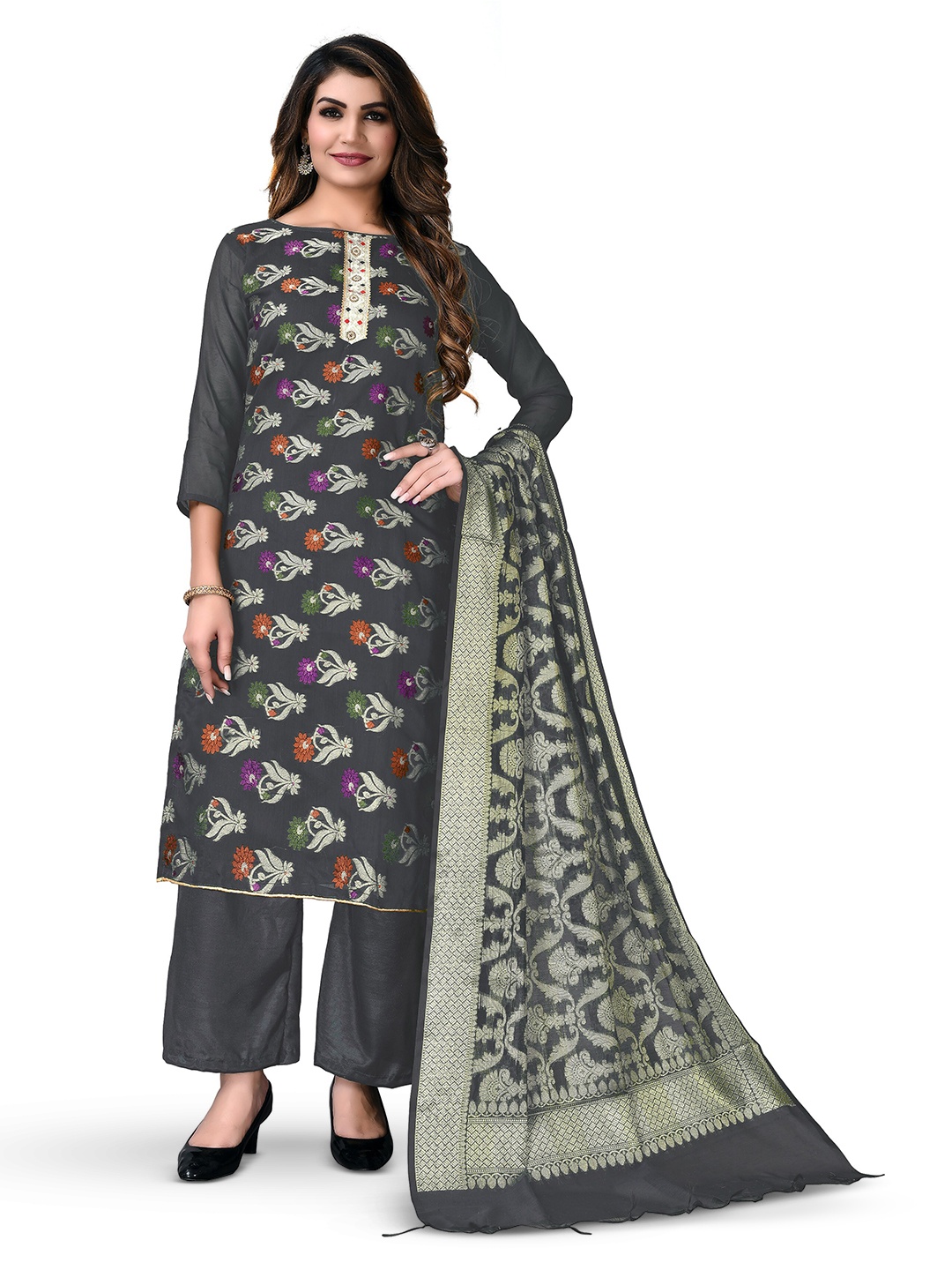 

MANVAA Floral Woven Design Unstitched Dress Material, Grey