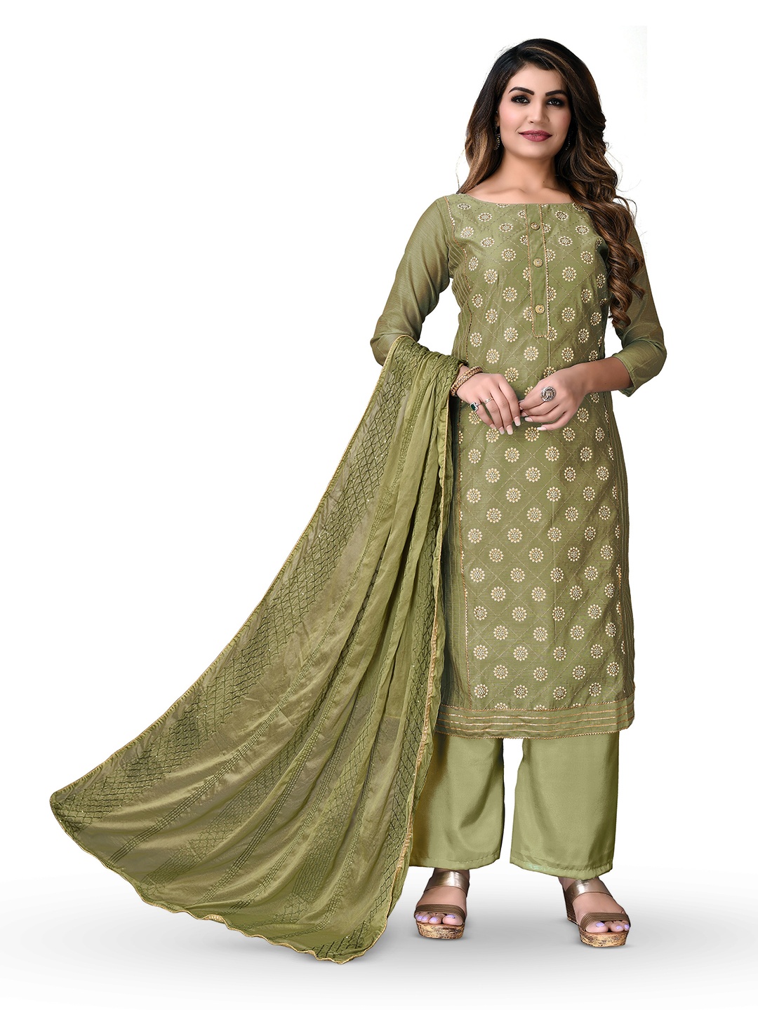 

MANVAA Ethnic Motifs Embellished Unstitched Dress Material, Green