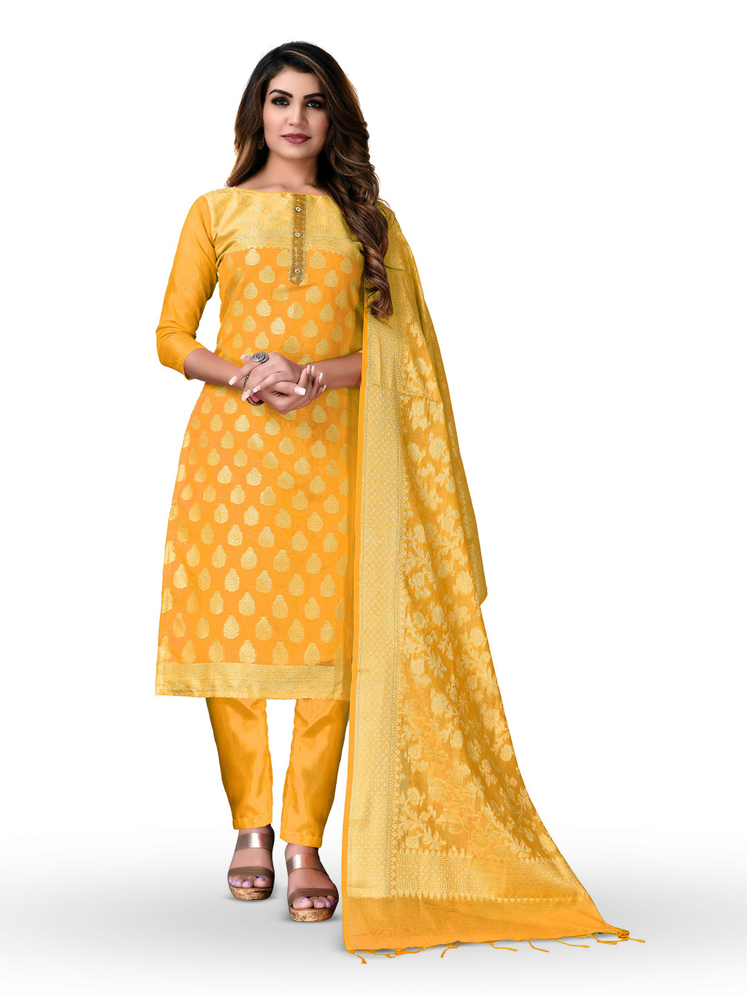 

MANVAA Floral Woven Design Gotta Patti Unstitched Dress Material, Yellow