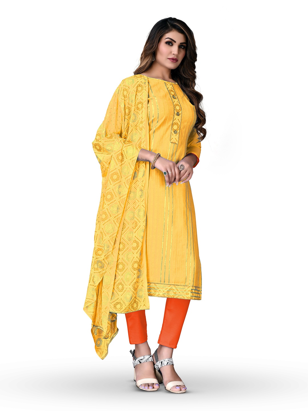 

MANVAA Bandhani Printed Gotta Patti Pure Cotton Unstitched Dress Material, Yellow