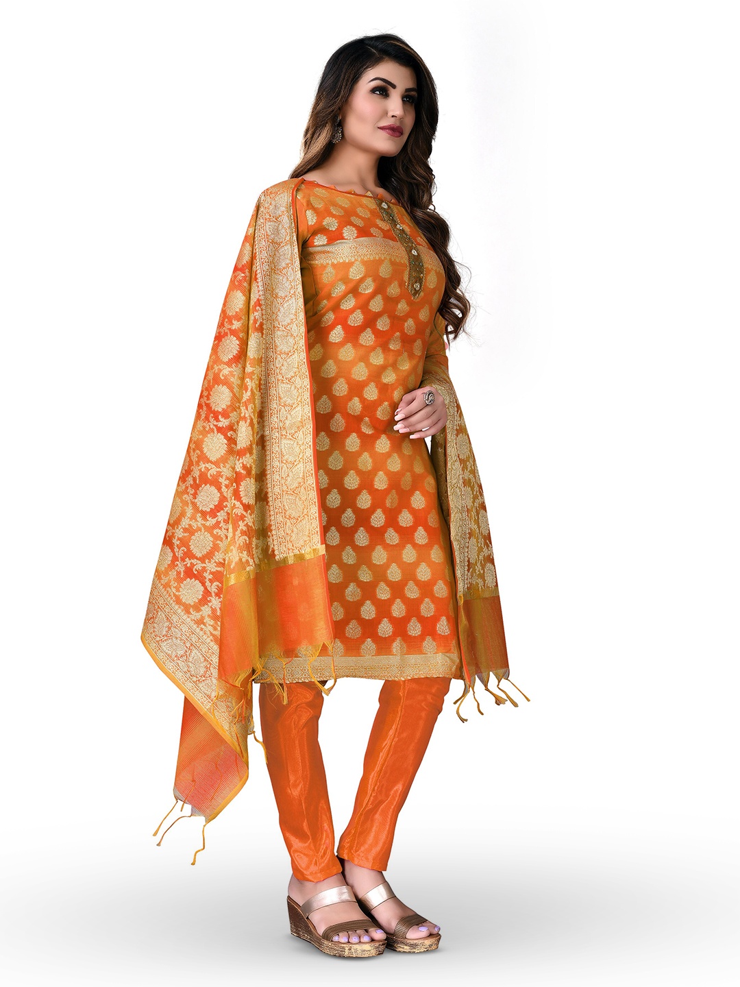 

MANVAA Floral Woven Design Unstitched Dress Material, Orange